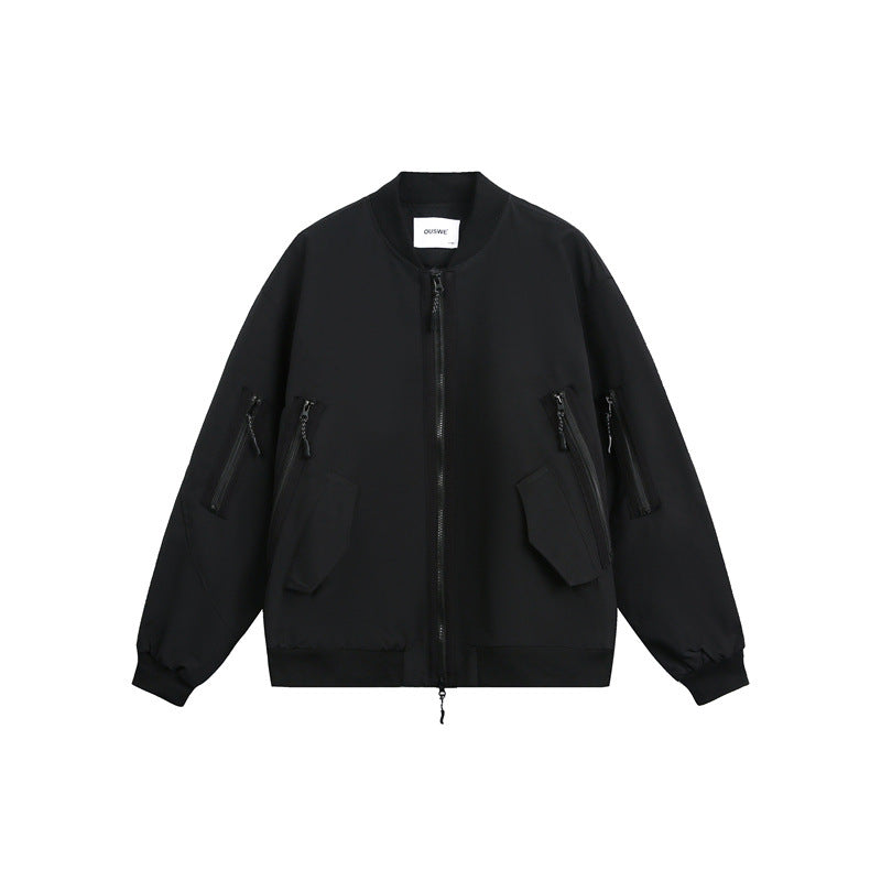 Unisex Boxy-Utility-Bomber Jacket with Multiple Pockets and Two-Way Zipper EVA-US