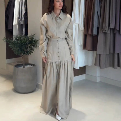 Women Two-Piece Oversized Shirt and Maxi Skirt Set with High Waist & Continuous Button Placket EVA-US