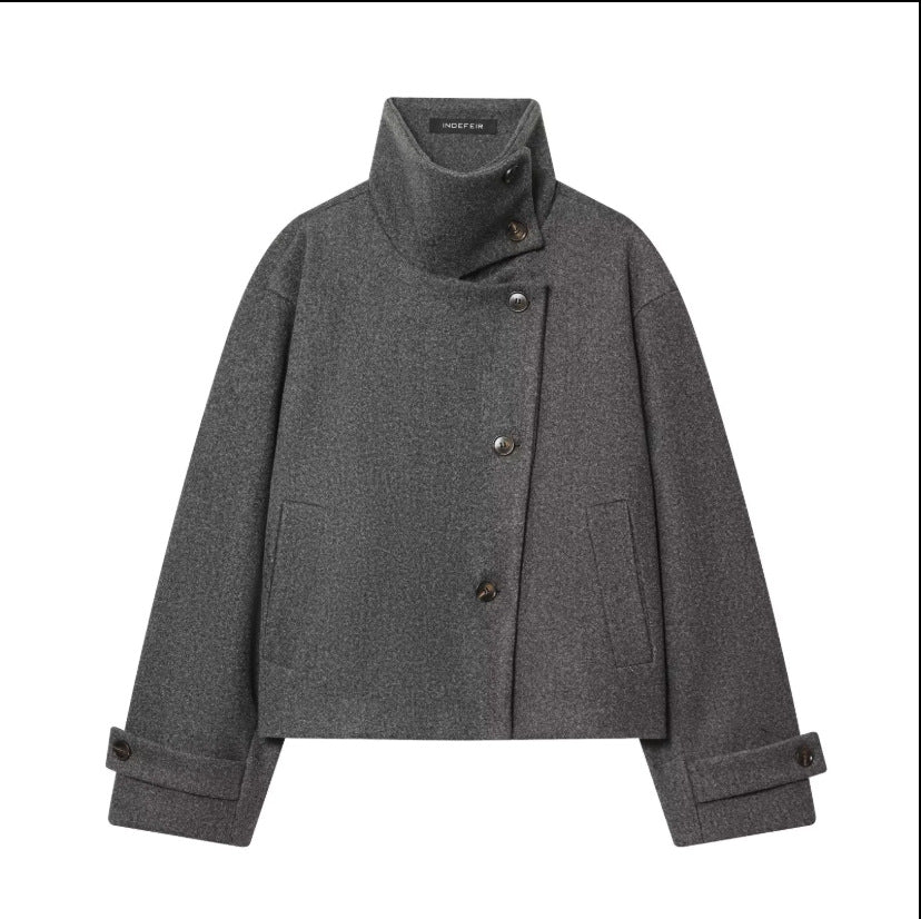 Women's Cropped Wool Blend Short Jacket with High Stand Collar, Asymmetric Button Placket and Cuffed Sleeves EVA-US
