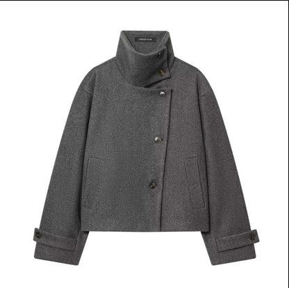 Women's Cropped Wool Blend Short Jacket with High Stand Collar, Asymmetric Button Placket and Cuffed Sleeves EVA-US