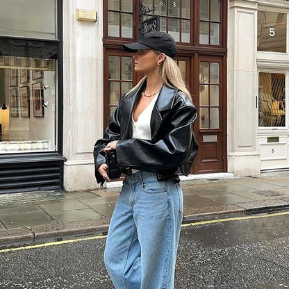 Women's Cropped Boxy Biker Jacket made of Faux Leather with Distinctive Shoulder Area and Boxy Silhouette EVA-US