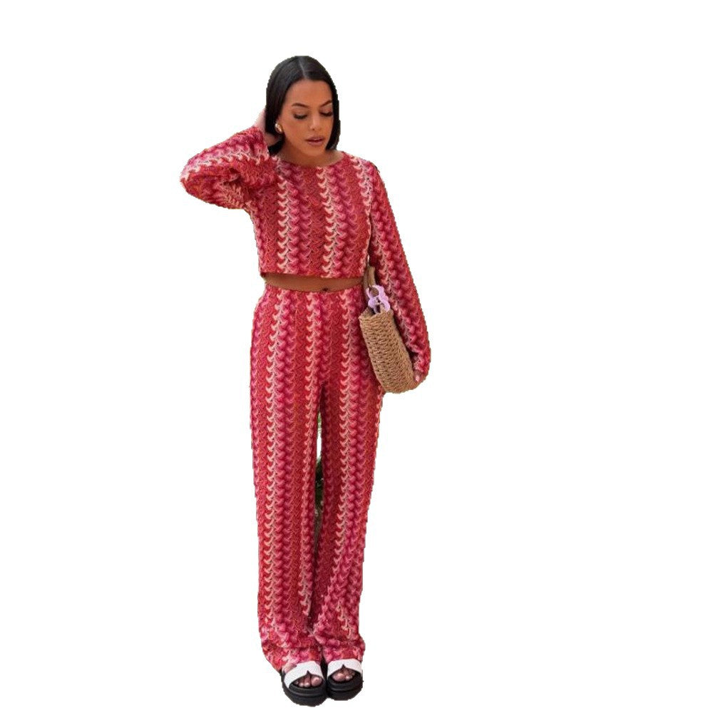 Women Crocheted Two-Piece Lounge Set with Short Sweater and High-Waisted Palazzo Pants EVA-US