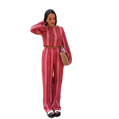 Women Crocheted Two-Piece Lounge Set with Short Sweater and High-Waisted Palazzo Pants EVA-US