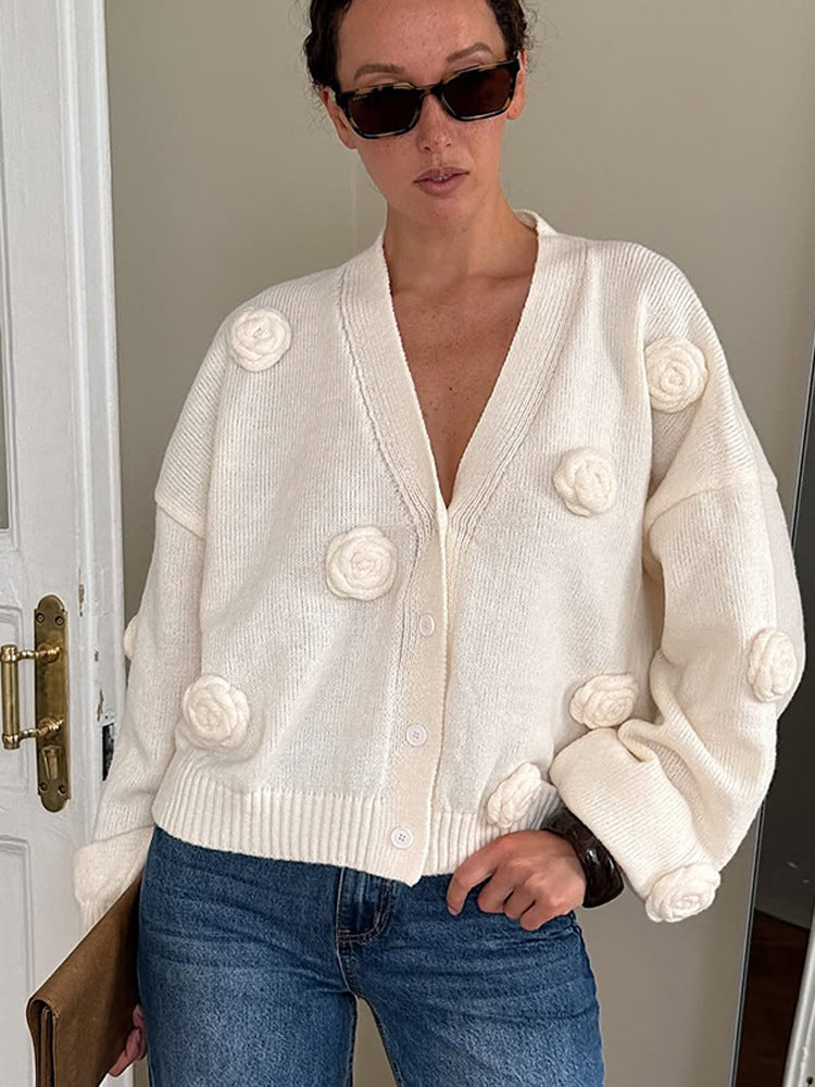 Women's Oversized Knitted Cardigan with Three-Dimensional Rose Applications and V-Neck EVA-US