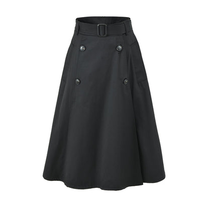 Women's A-Line Trench Skirt with Waist Belt and Decorative Button Placket EVA-US