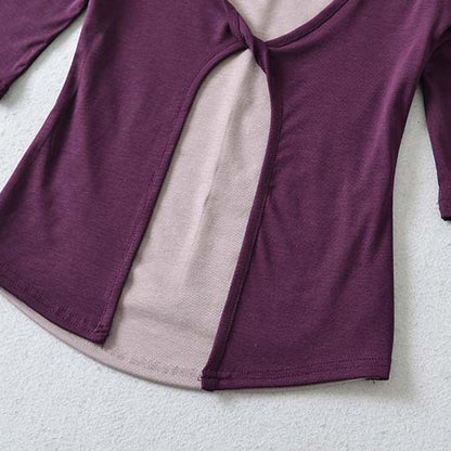 Women Layered Look Shirt with Knot Front, Three-Quarter Sleeves and Integrated Under Top EVA-US