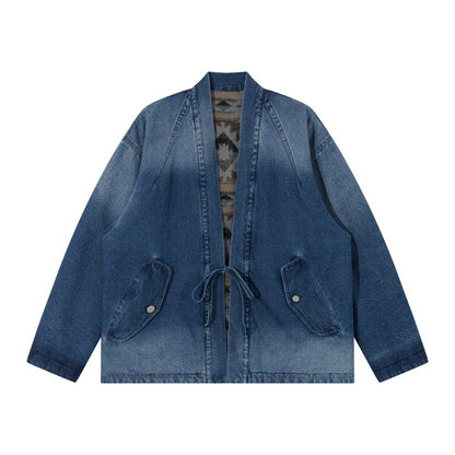 Unisex Jeans Kimono Jacket with Tie Belt and Patterned Lining EVA-US