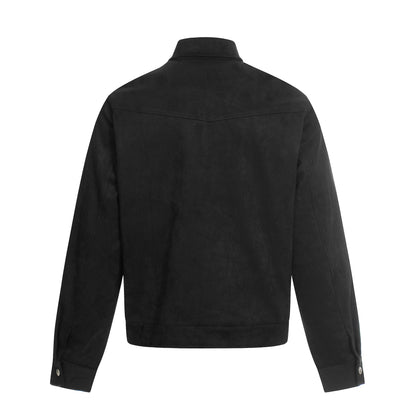 Men's short-cut suede leather blouson with stand-up collar, decorative embroidery, and toggle closure EVA-US