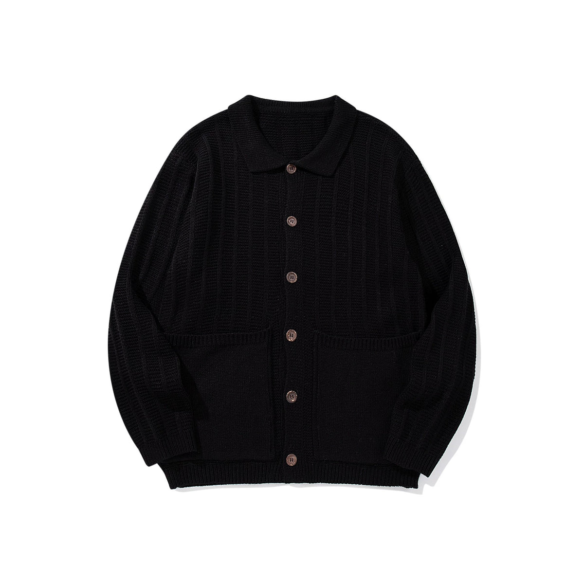 Unisex Structured Knit Cardigan with Shirt Collar and Patch Pockets EVA-US