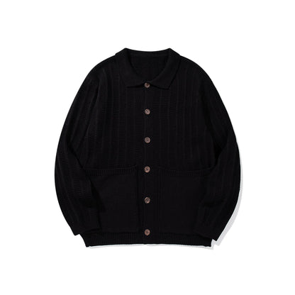 Unisex Structured Knit Cardigan with Shirt Collar and Patch Pockets EVA-US