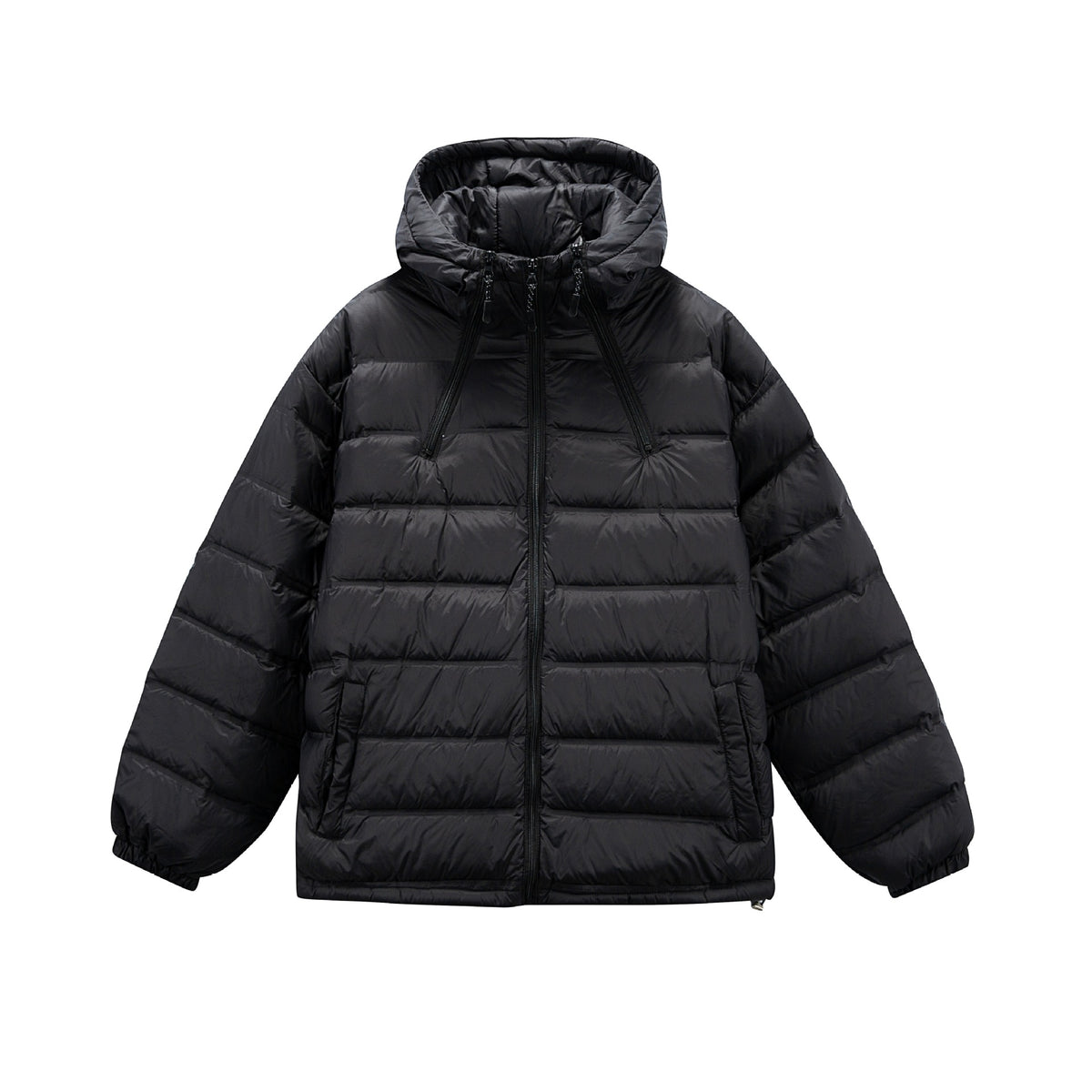 Men's Boxy Puffer Jacket with high stand-up hood, double front zipper and drawstring