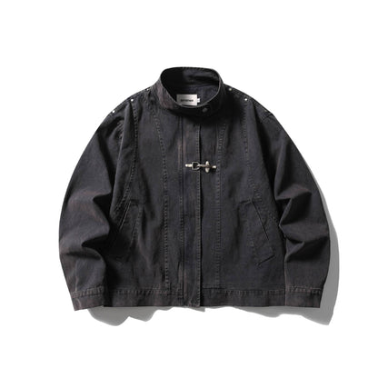 Men's Short Vintage Denim Field Blouson with Stand Collar, Toggle Closure and Utility Pockets EVA-US