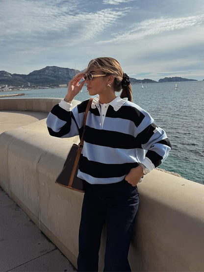 Women's Striped Oversized Rugby Sweater with Ruffled Collar and Polo Button Placket EVA-US