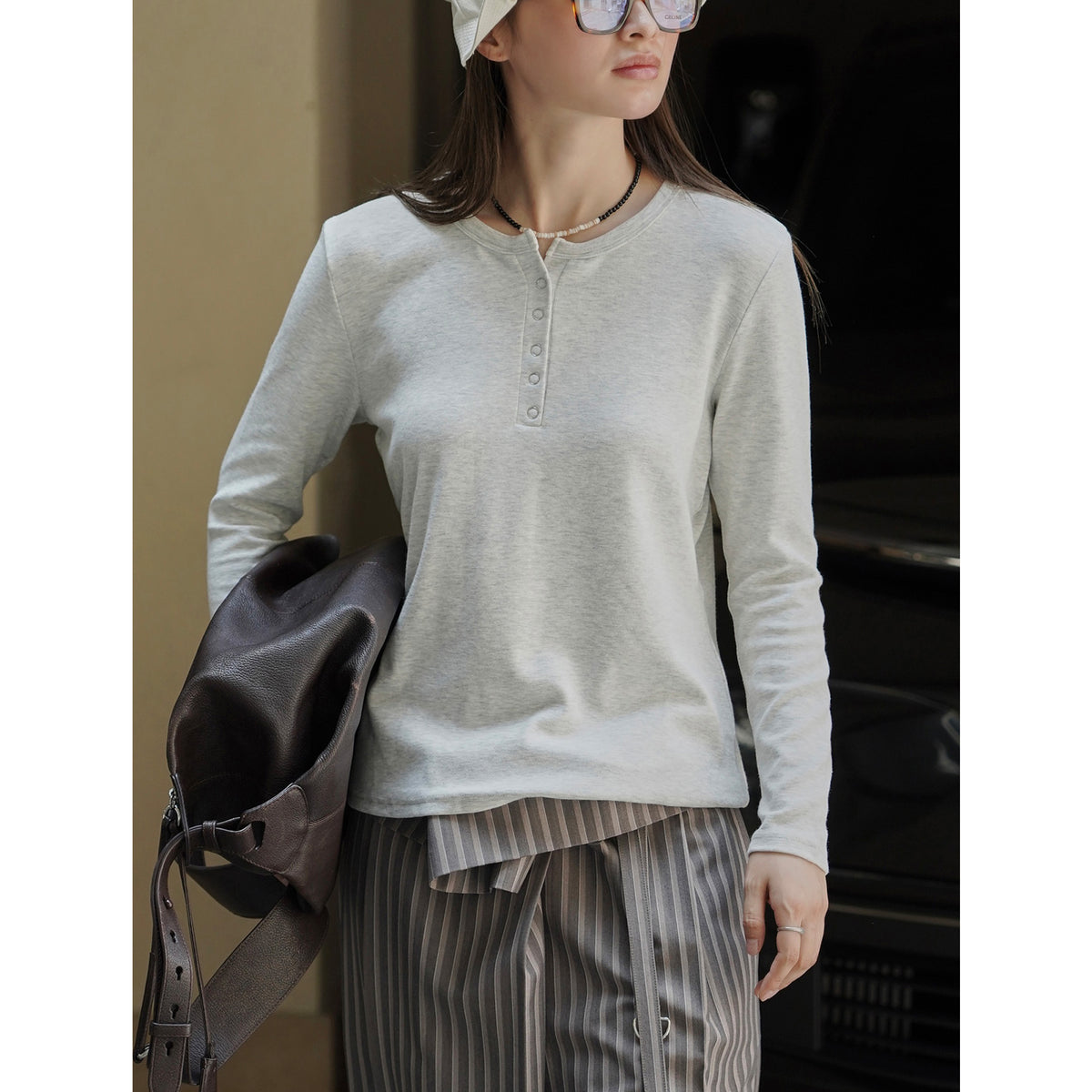 Women's Long Sleeve Henley Shirt with Snap Placket EVA-US