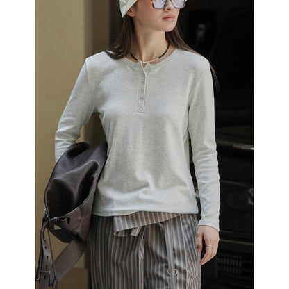 Women's Long Sleeve Henley Shirt with Snap Placket EVA-US