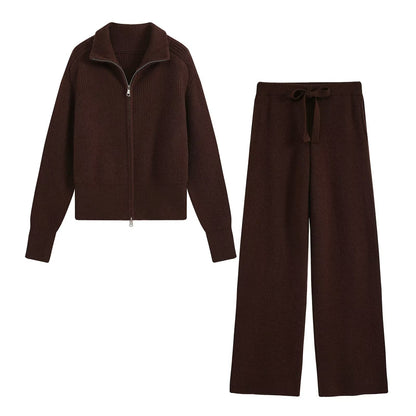 Women's Two-Piece Knit Set with Zipper Cardigan, Stand Collar and Wide Leg Trousers