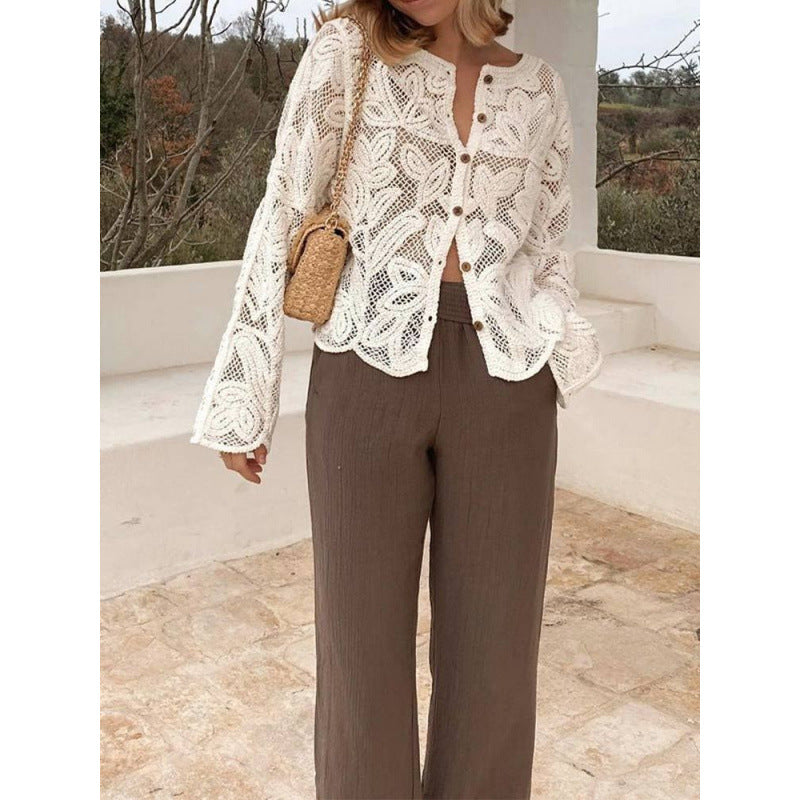 Women's crochet cardigan with floral openwork pattern, button placket & wavy hem EVA-US