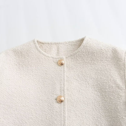 Women's Boxy Boucle Jacket with Round Neckline, Decorative Button Placket and Flap Pockets EVA-US