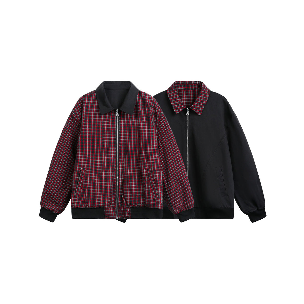Unisex Reversible Bomber Jacket with Check Lining, Zipper and Ribbed Cuffs EVA-US