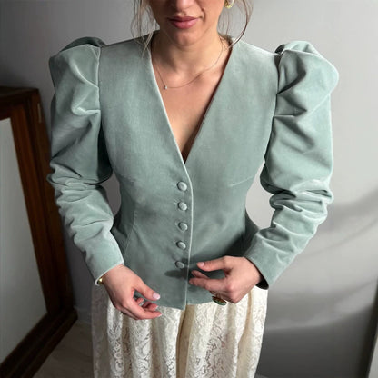 Women's Tailored Velvet Blazer with Emphasized Waist, V-Neck and Voluminous Puff Sleeves EVA-US
