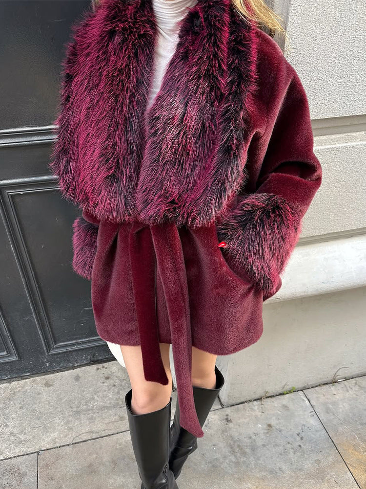 Women's Short Faux Fur Coat with Voluminous Shawl Collar, Waist Belt, and Fur Cuffs EVA-US