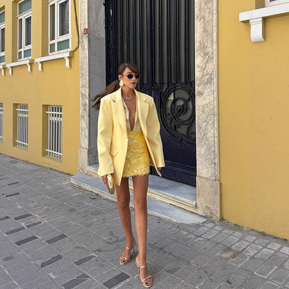 Women's Two-Piece Blazer Set with Oversized Jacket and 3D Flower Mini Skirt EVA-US