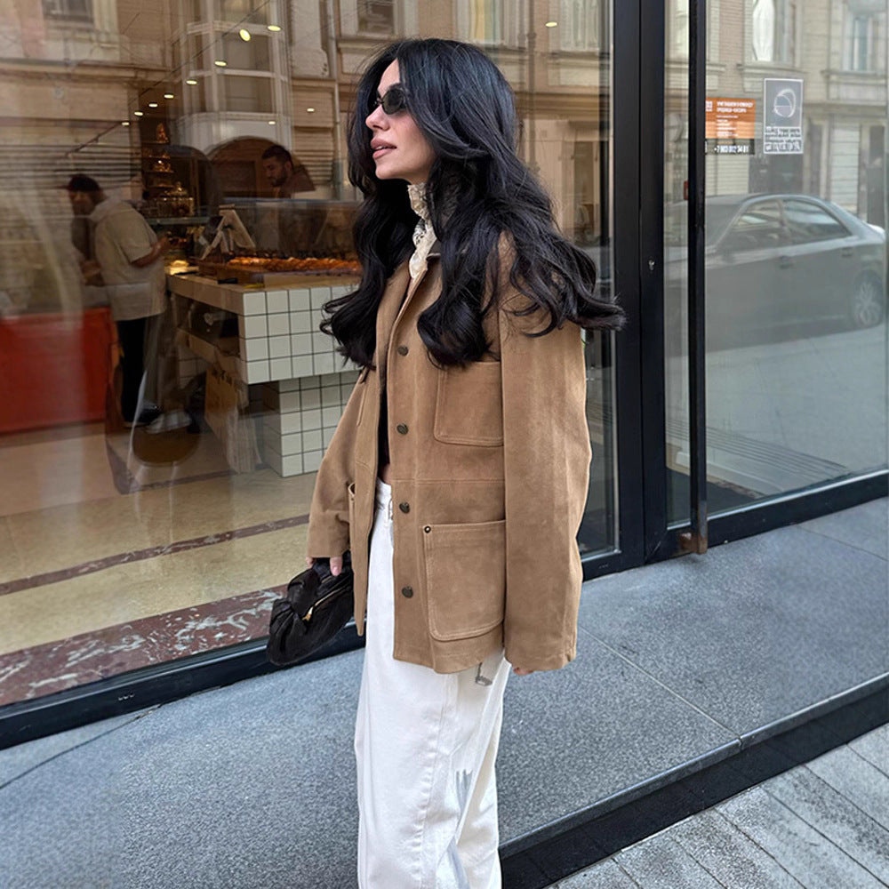 Women's Boxy Short Jacket in Suede Look with Contrast Collar & Patch Pockets EVA-US