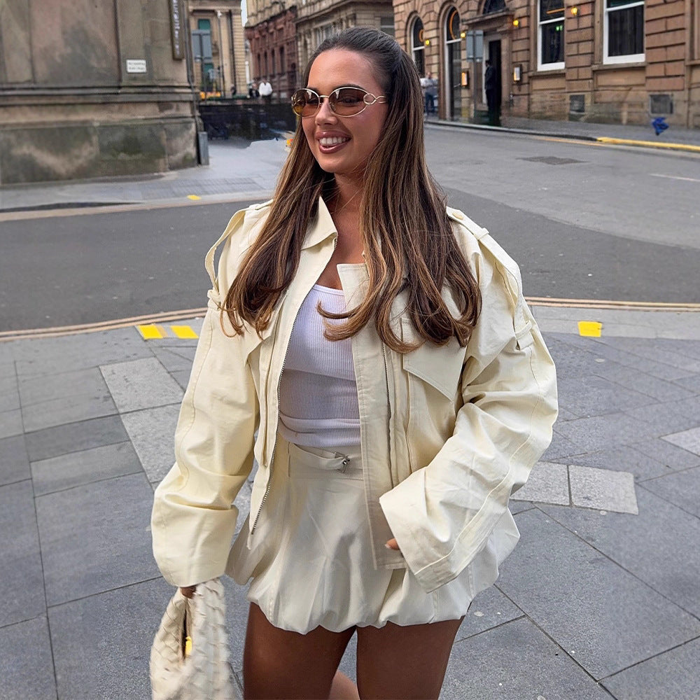 Women Short Boxy Cargo Jacket made of Cotton Blend with Oversized Flap Pockets EVA-US