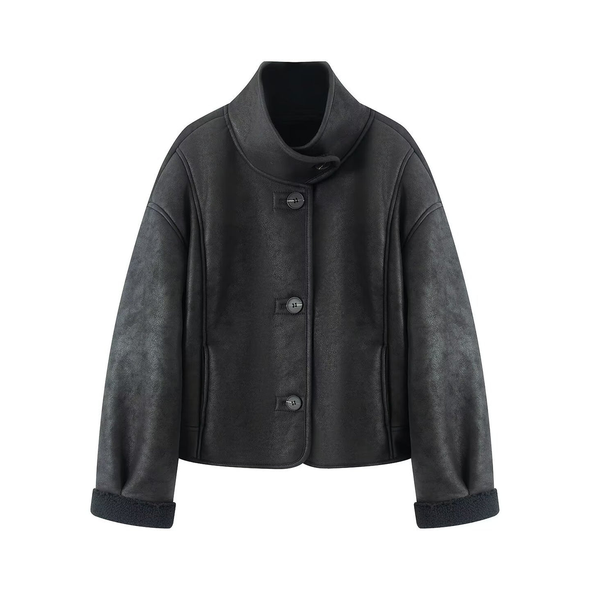 Women's Short Lambskin-Look Jacket with Stand-up Collar and Button Placket EVA-US