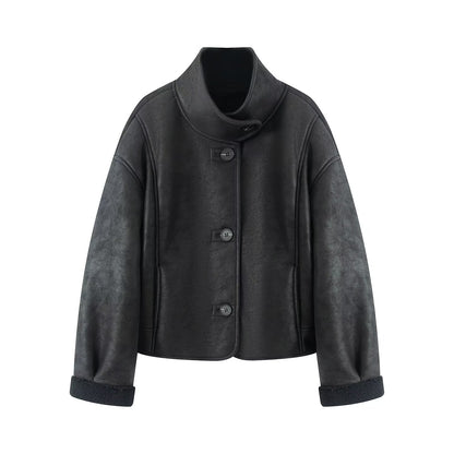 Women's Short Lambskin-Look Jacket with Stand-up Collar and Button Placket EVA-US