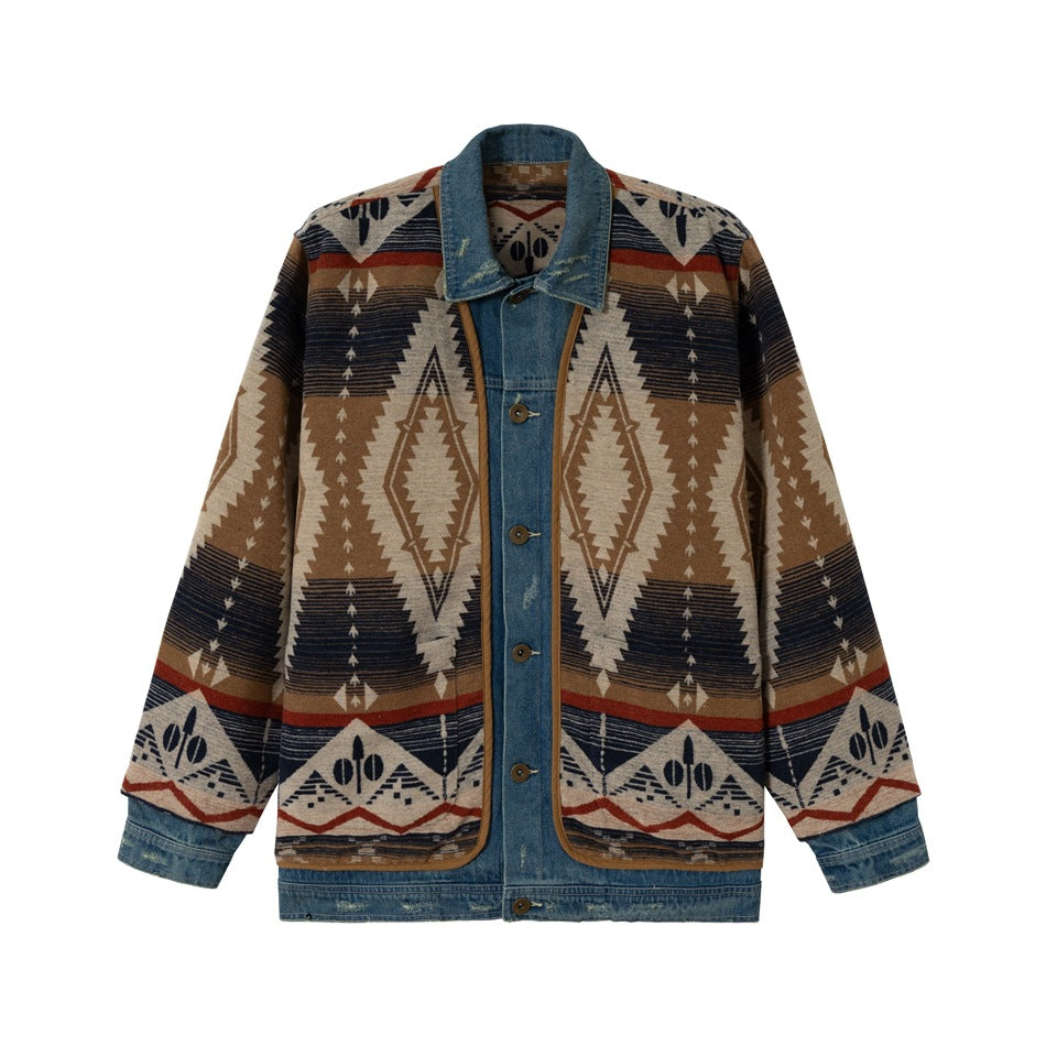 Unisex Loose-Fitting Jacquard Liner Jacket with Denim Trim and Graphic Ethno Pattern EVA-US