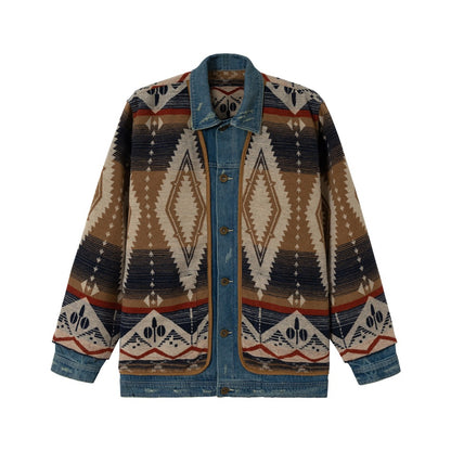 Unisex Loose-Fitting Jacquard Liner Jacket with Denim Trim and Graphic Ethno Pattern EVA-US