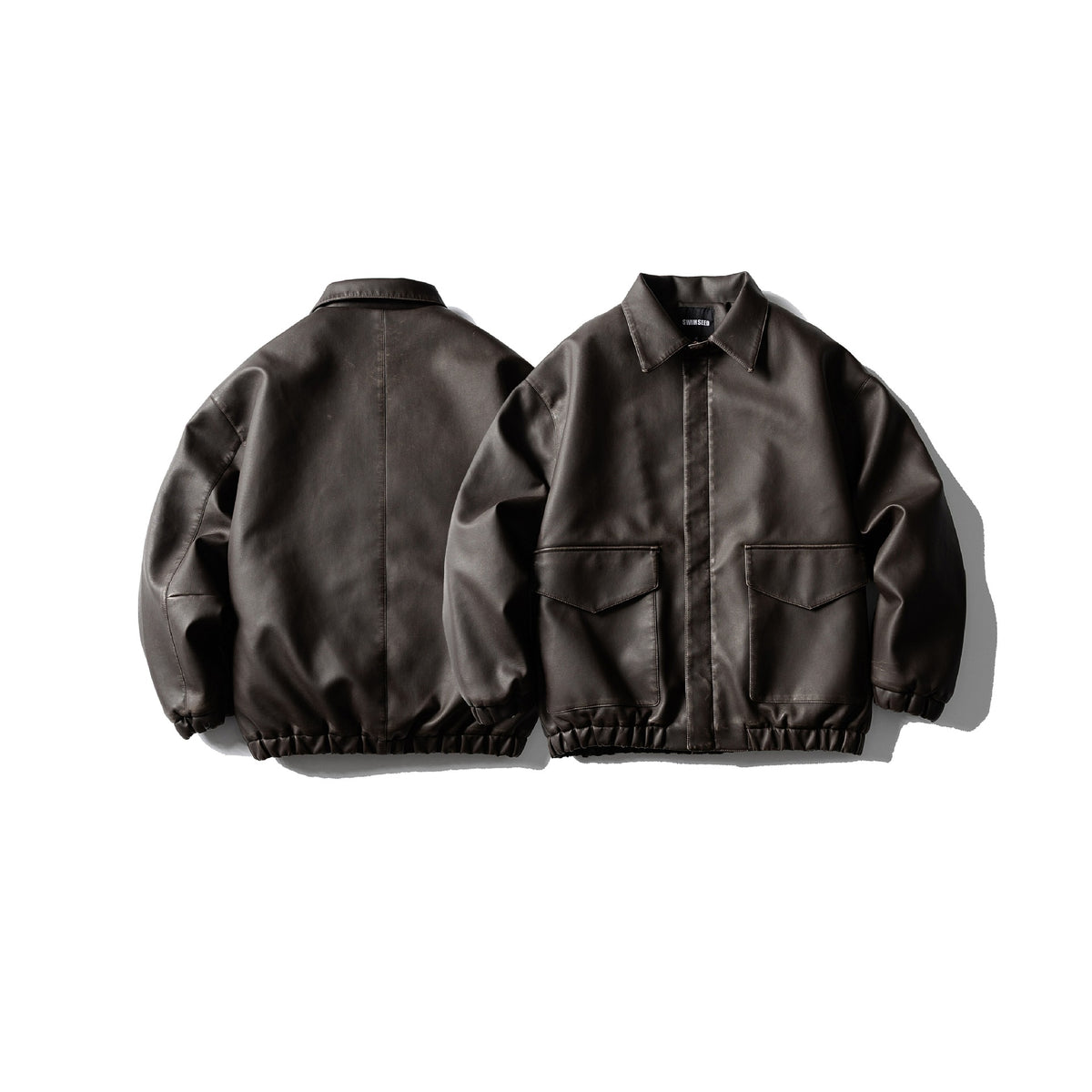 Men's Oversized Faux Leather Bomber Jacket with Flap Pockets, Concealed Closure and Elastic Hem EVA-US