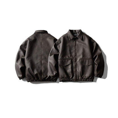 Men's Oversized Faux Leather Bomber Jacket with Flap Pockets, Concealed Closure and Elastic Hem EVA-US