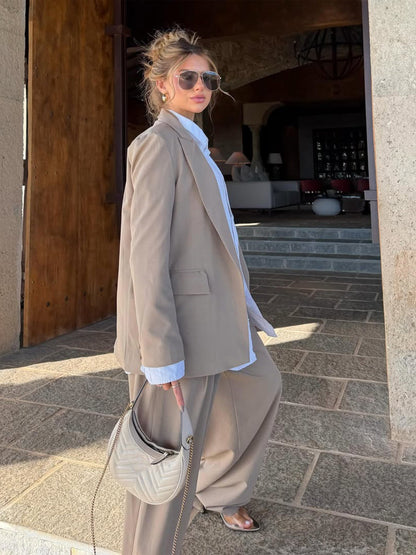 Women's Three-Piece Tailoring Set with Corset Top, Oversized Blazer, and Pleated Wide-Leg Pants EVA-US