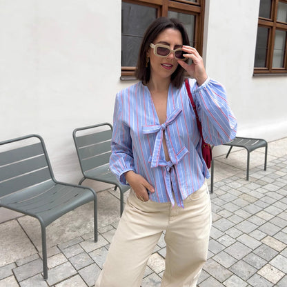 Ladies Striped Tied Blouse with Bow Front, V-Neck & Balloon Sleeves EVA-US