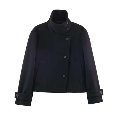 Women's short wool coat with high stand-up collar, asymmetric button placket and adjustable cuff straps EVA-US