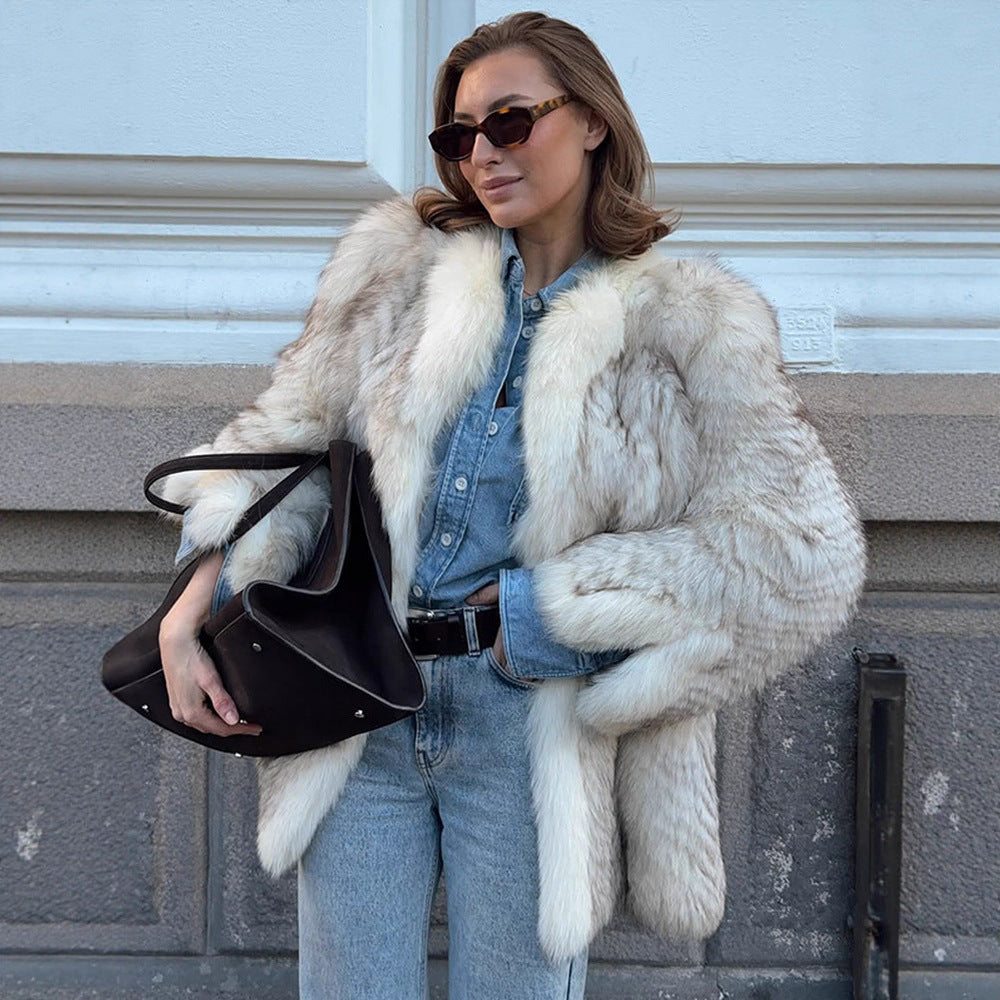 Women's Boxy Faux Fur Jacket with Textured Shag Look and Voluminous Shawl Collar EVA-US