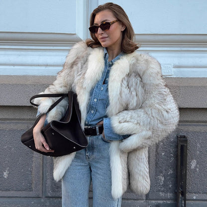 Women's Boxy Faux Fur Jacket with Textured Shag Look and Voluminous Shawl Collar EVA-US