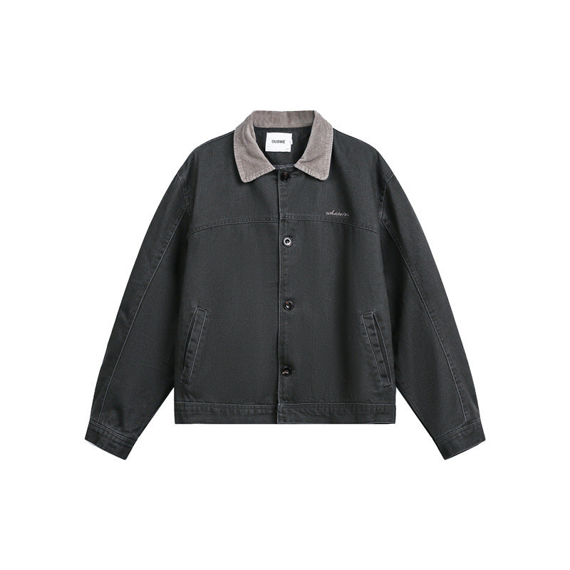 Unisex Short Cut Boxy Denim Jacket with Corduroy Collar and Side Pockets EVA-US