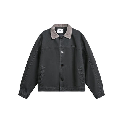 Unisex Short Cut Boxy Denim Jacket with Corduroy Collar and Side Pockets EVA-US