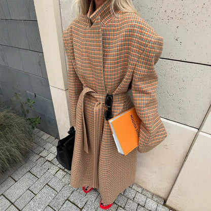 Women's Oversized Wool Check Coat with Waist Belt and Emphasized Shoulder Area EVA-US