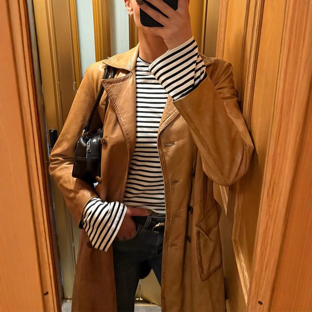 Women's Longer Tailored Leather Trench Coat with Double-Breasted Button Placket and Notched Collar EVA-US