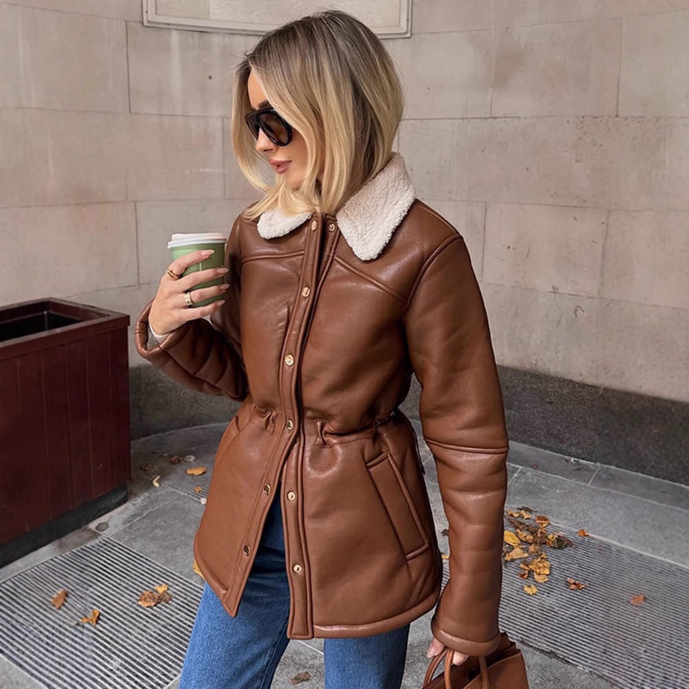 Women's Fitted Faux Leather Jacket with Drawstring, Teddy Collar and Snap Button Placket EVA-US