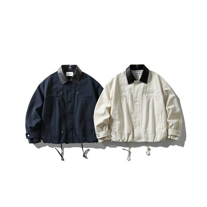 Men's short-cut boxy blouson jacket with faux leather collar, drawstring hem, and snap button cuffs EVA-US