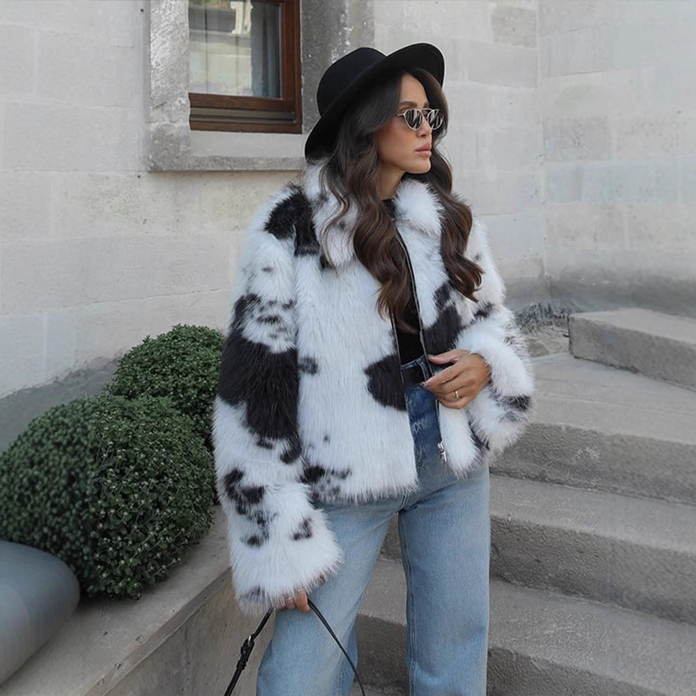 Women's Short Cut Faux Fur Bomber with Spot Pattern EVA-US