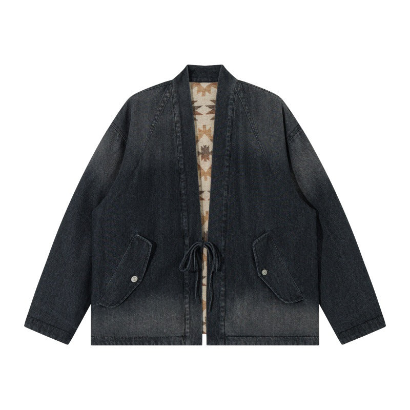 Unisex Jeans Kimono Jacket with Tie Belt and Patterned Lining EVA-US