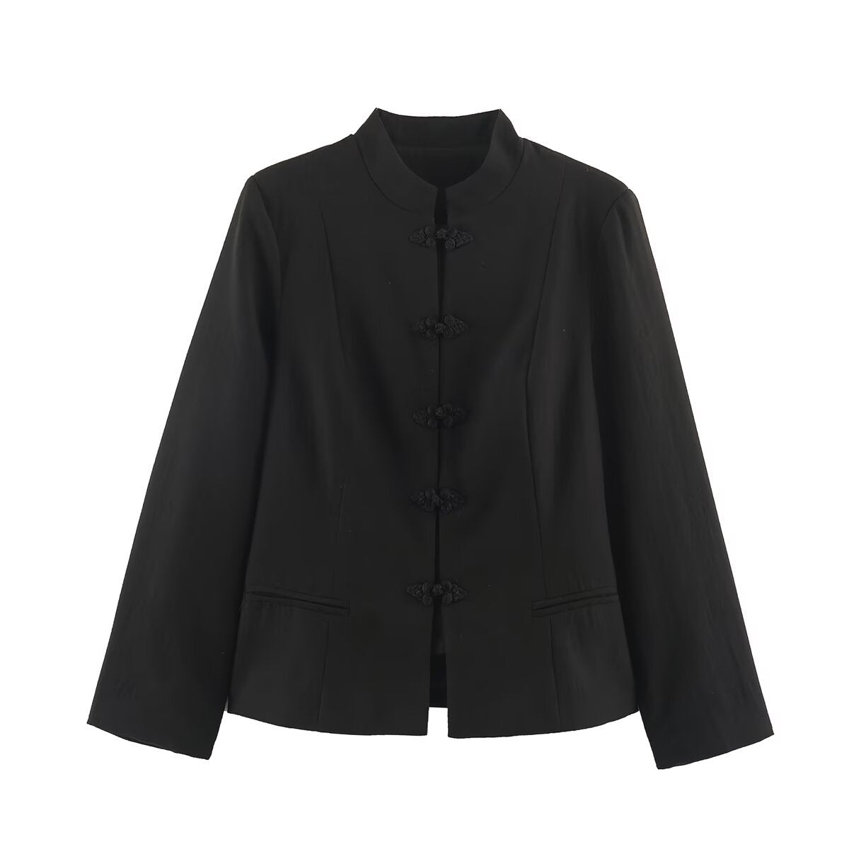 Women's short jacket in chinoiserie style with stand-up collar and knot button closure EVA-US