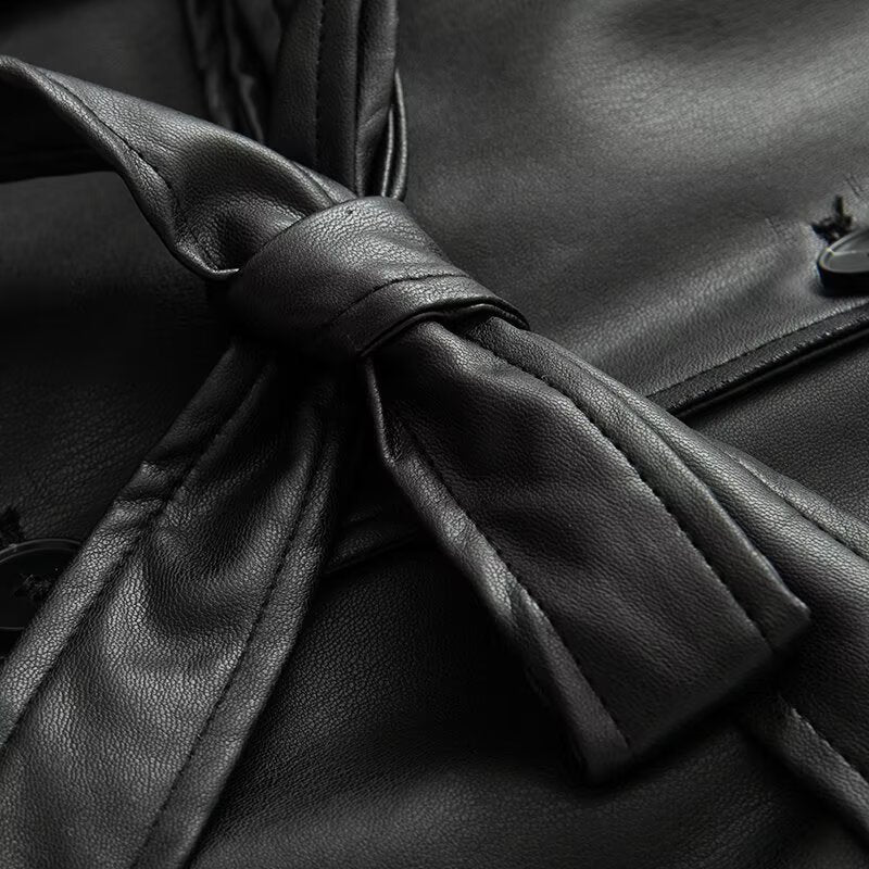 Women's short faux leather trench coat with waist belt and shoulder cape EVA-US
