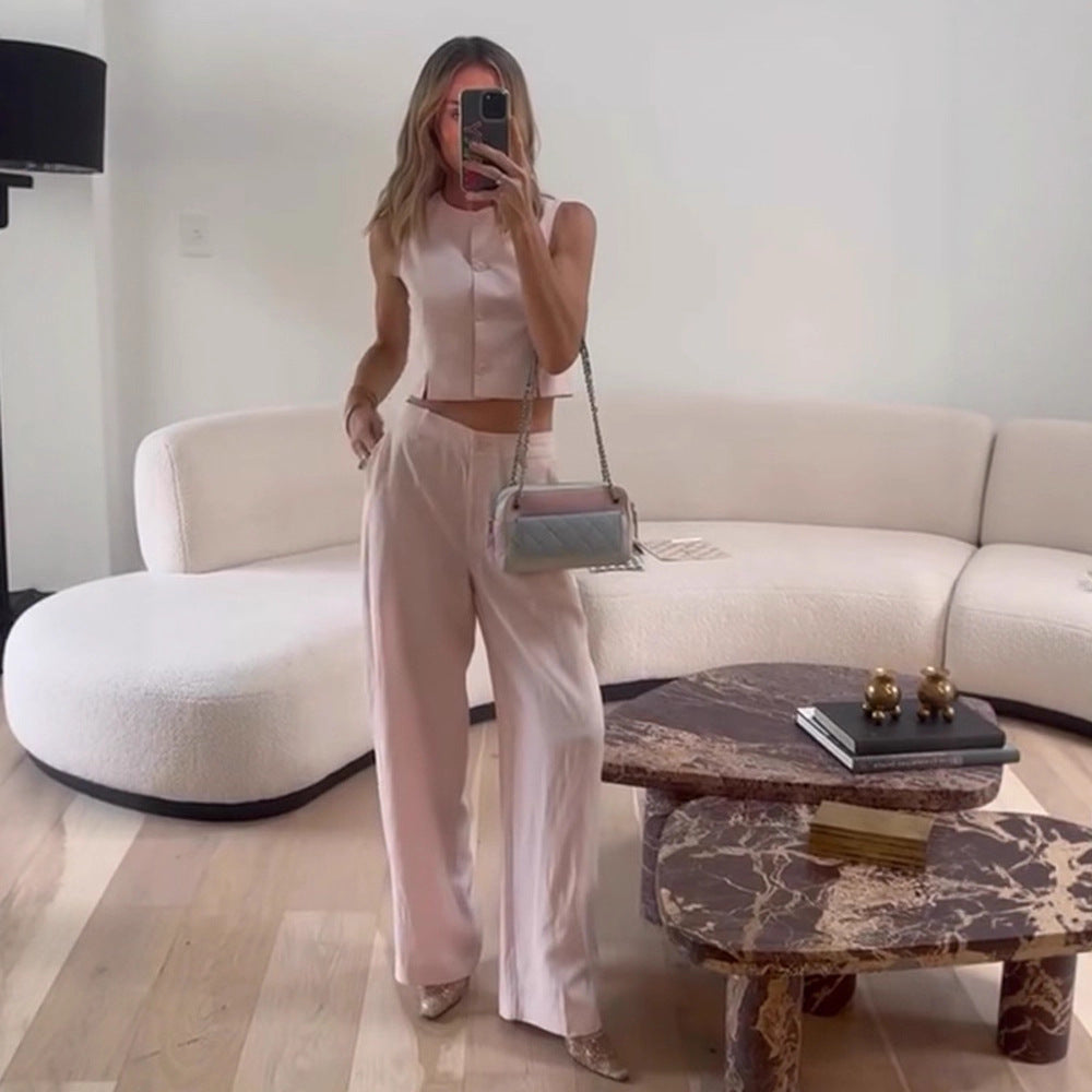 Women High-waisted wide summer trousers with crease and patch pockets EVA-US